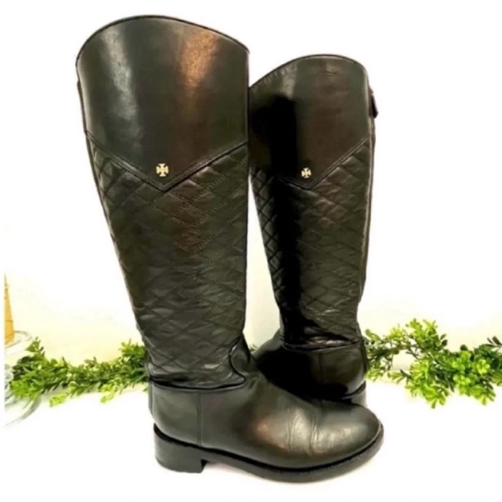 Tory Burch Claremont Black Quilted Leather Riding Boots Size 8